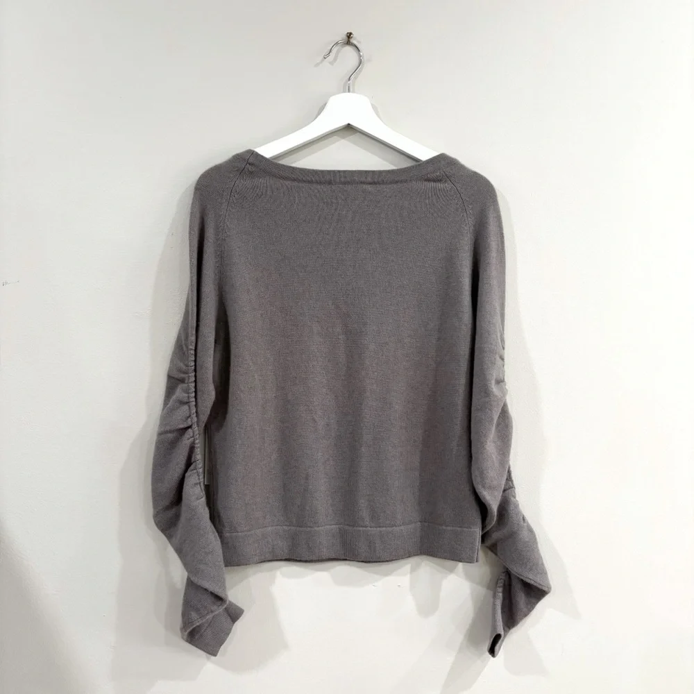 NWT ROI 100% Cashmere Shirred Sleeve Sweater Taupe XXS Luxe Knit Pullover $348